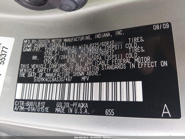 2010 Toyota Sienna Xle მანქანა იყიდება აუქციონზე, vin: 5TDYK4CC8AS307487, აუქციონის ნომერი: 45910814