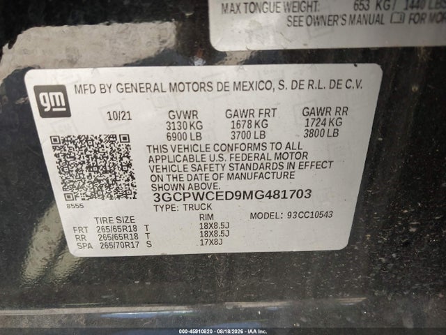 Продажа на аукционе авто 2021 Chevrolet Silverado 1500 2wd  Short Bed Lt, vin: 3GCPWCED9MG481703, номер лота: 45910820