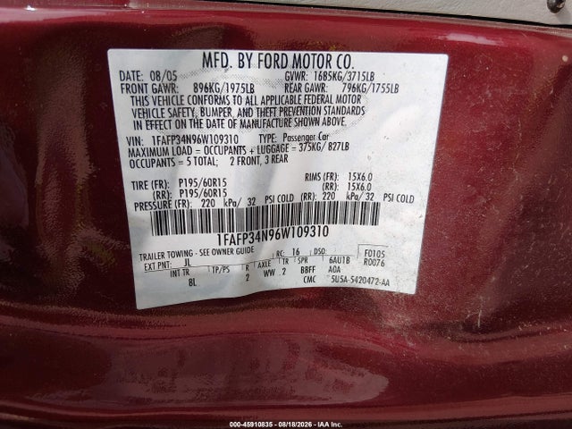 Aukcja sprzedaży 2006 Ford Focus Zx4, vin: 1FAFP34N96W109310, numer aukcji: 45910835