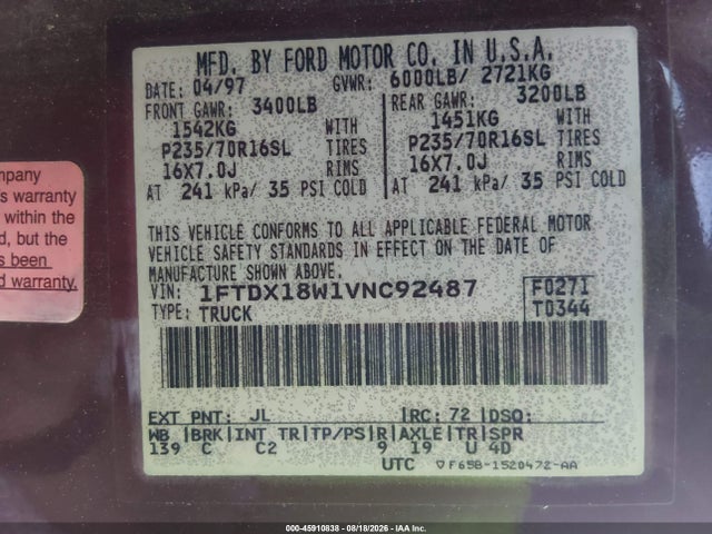 Aukcja sprzedaży 1997 Ford F-150 Lariat/xl/xlt, vin: 1FTDX18W1VNC92487, numer aukcji: 45910838