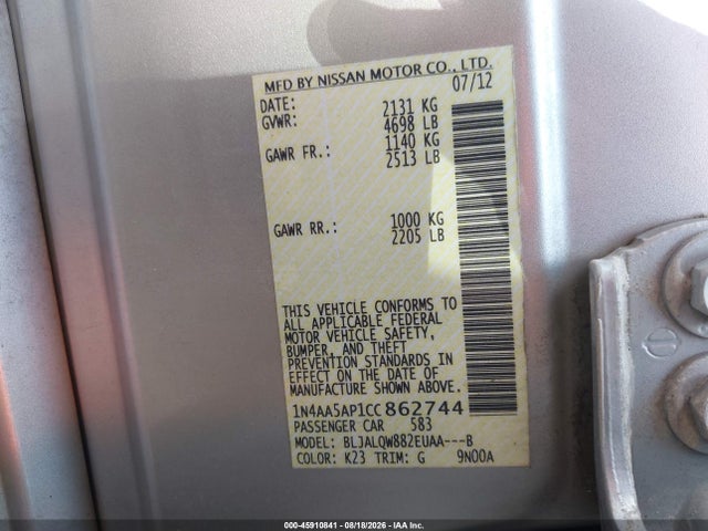 2012 Nissan Maxima 3.5 S მანქანა იყიდება აუქციონზე, vin: 1N4AA5AP1CC862744, აუქციონის ნომერი: 45910841