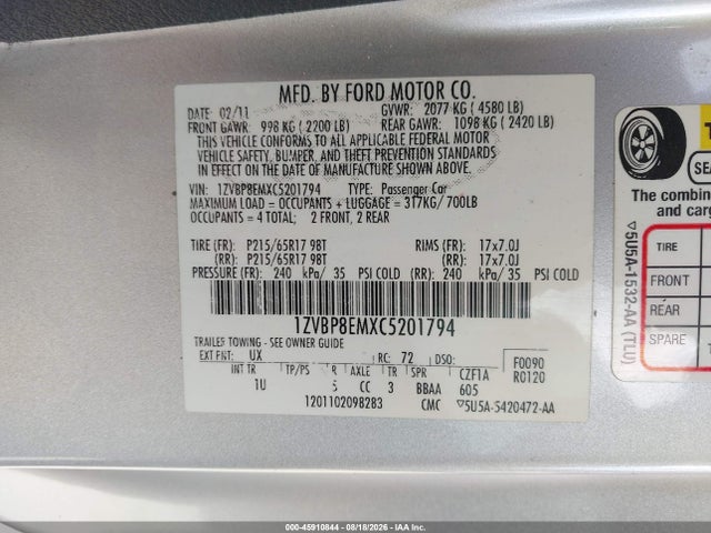 45910844 :رقم المزاد ، 1ZVBP8EMXC5201794 vin ، 2012 Ford Mustang V6 مزاد بيع