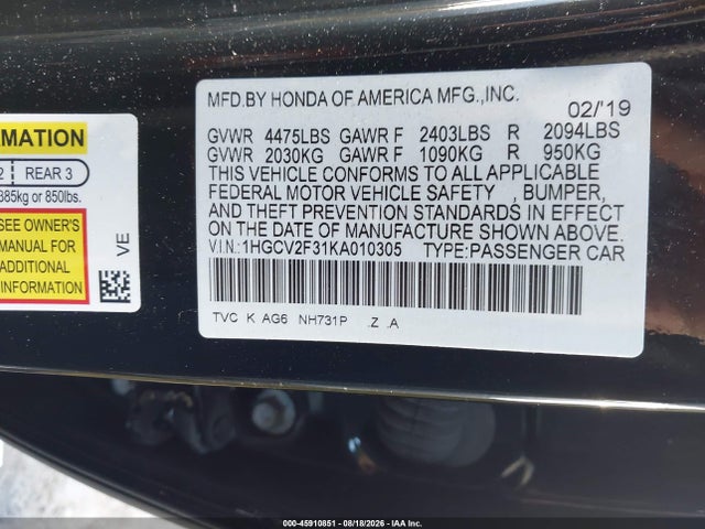 45910851 :رقم المزاد ، 1HGCV2F31KA010305 vin ، 2019 Honda Accord Sport 2.0t مزاد بيع