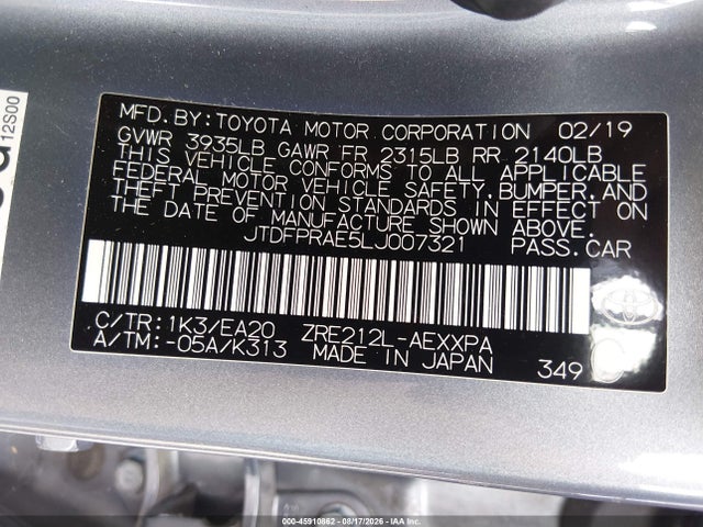 2020 Toyota Corolla Xle მანქანა იყიდება აუქციონზე, vin: JTDFPRAE5LJ007321, აუქციონის ნომერი: 45910862