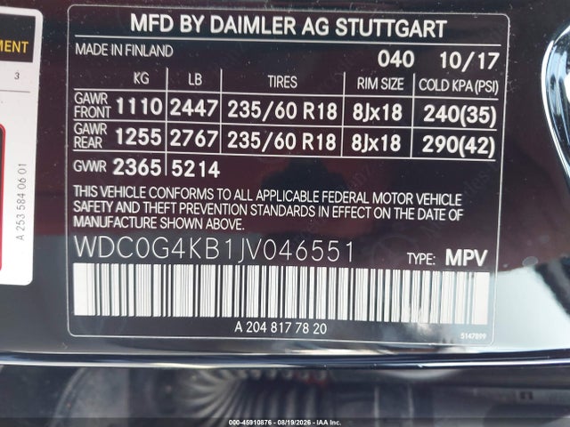 Aukcja sprzedaży 2018 Mercedes-benz Glc 300 4matic, vin: WDC0G4KB1JV046551, numer aukcji: 45910876