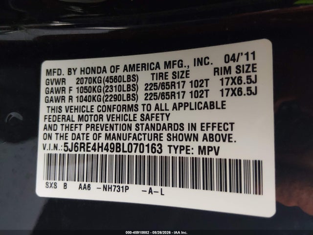 2011 Honda Cr-v Se მანქანა იყიდება აუქციონზე, vin: 5J6RE4H49BL070163, აუქციონის ნომერი: 45910882