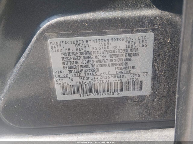 Aukcja sprzedaży 2019 Nissan Sentra S, vin: 3N1AB7AP1KY423958, numer aukcji: 45910885