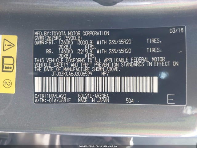 JTJGZKCA6J2006599 Lexus Rx 350l Luxury