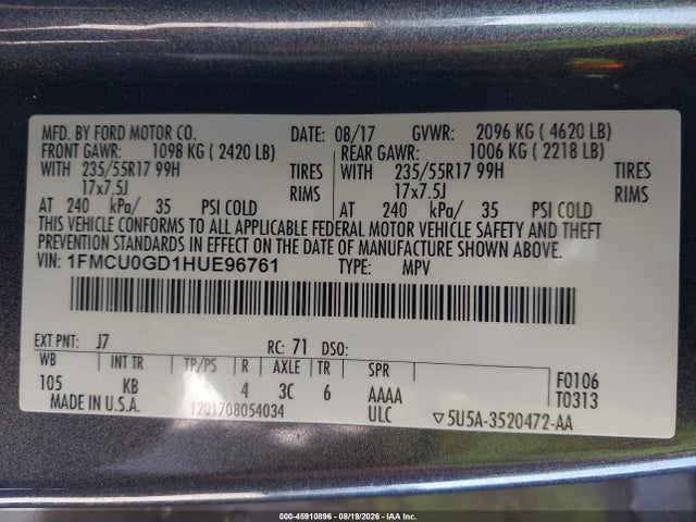 2017 Ford Escape Se მანქანა იყიდება აუქციონზე, vin: 1FMCU0GD1HUE96761, აუქციონის ნომერი: 45910896