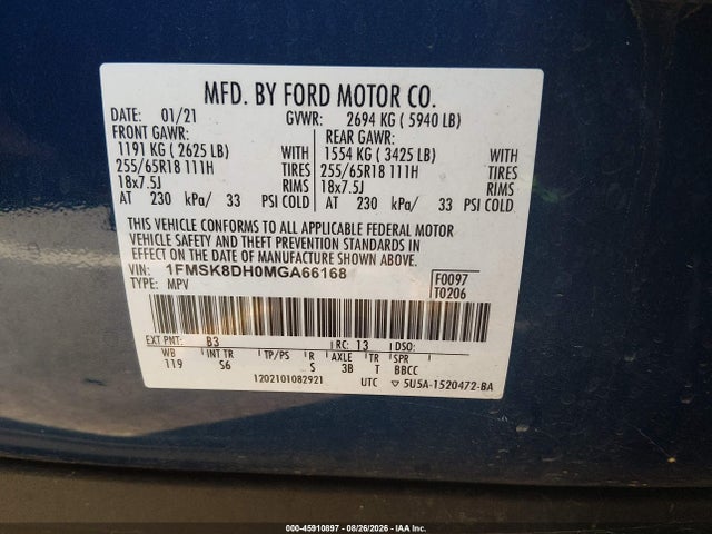 Aukcja sprzedaży 2021 Ford Explorer Xlt, vin: 1FMSK8DH0MGA66168, numer aukcji: 45910897