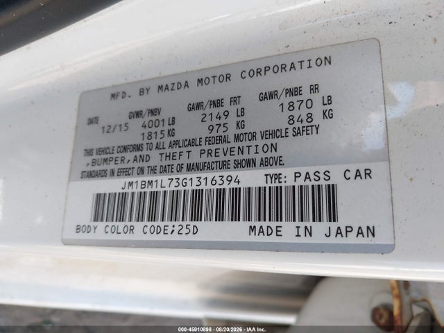 45910898 :رقم المزاد ، JM1BM1L73G1316394 vin ، 2016 Mazda Mazda3 I Touring مزاد بيع