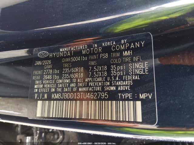 45910901 :رقم المزاد ، KM8JBDD13TU462795 vin ، 2026 Hyundai Tucson Hybrid Sel مزاد بيع