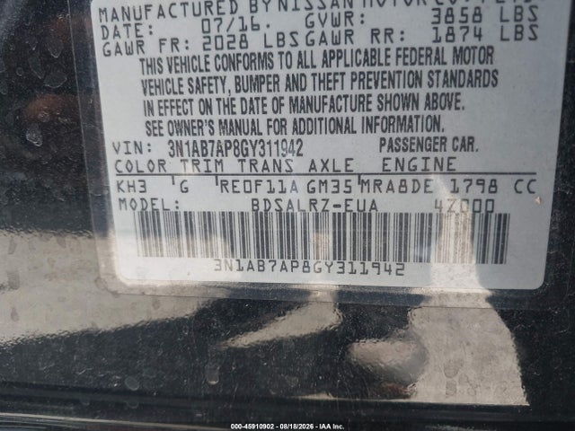 3N1AB7AP8GY311942 Nissan SENTRA SR