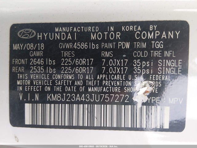 Продажа на аукционе авто 2018 Hyundai Tucson Se, vin: KM8J23A43JU757272, номер лота: 45910905