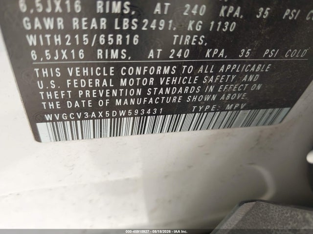 45910927 :رقم المزاد ، WVGCV3AX5DW593431 vin ، 2013 Volkswagen Tiguan S مزاد بيع