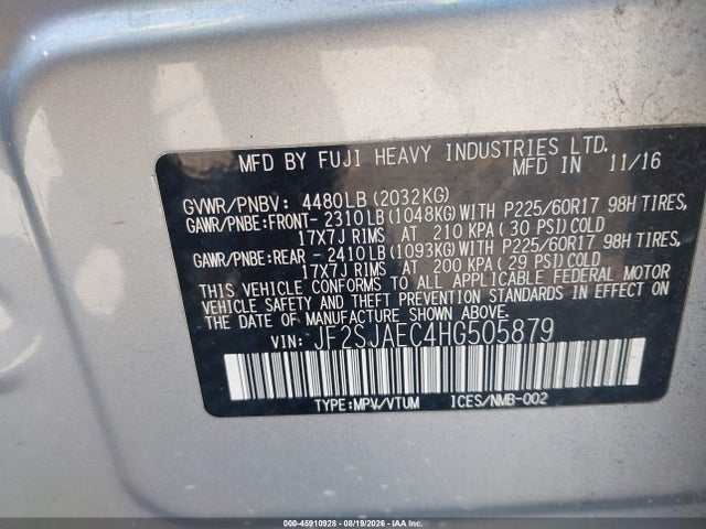45910928 :رقم المزاد ، JF2SJAEC4HG505879 vin ، 2017 Subaru Forester 2.5i Premium مزاد بيع