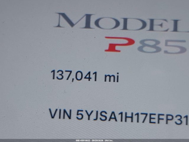 2014 Tesla Model S P85 მანქანა იყიდება აუქციონზე, vin: 5YJSA1H17EFP31798, აუქციონის ნომერი: 45910932