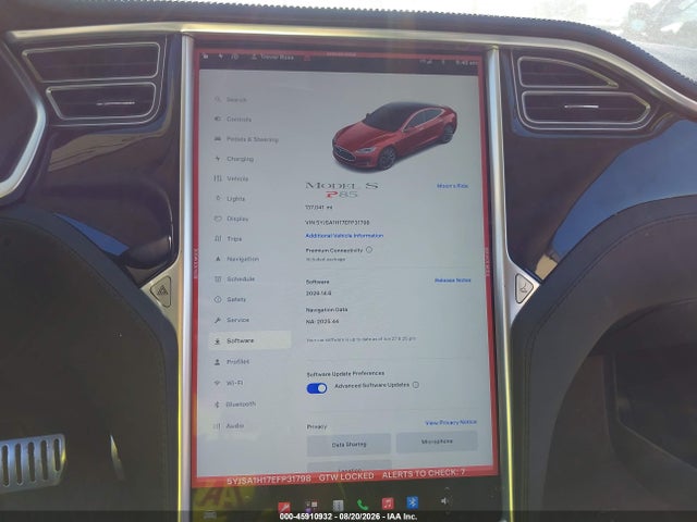 2014 Tesla Model S P85 მანქანა იყიდება აუქციონზე, vin: 5YJSA1H17EFP31798, აუქციონის ნომერი: 45910932