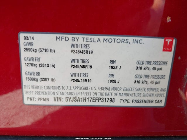 2014 Tesla Model S P85 მანქანა იყიდება აუქციონზე, vin: 5YJSA1H17EFP31798, აუქციონის ნომერი: 45910932