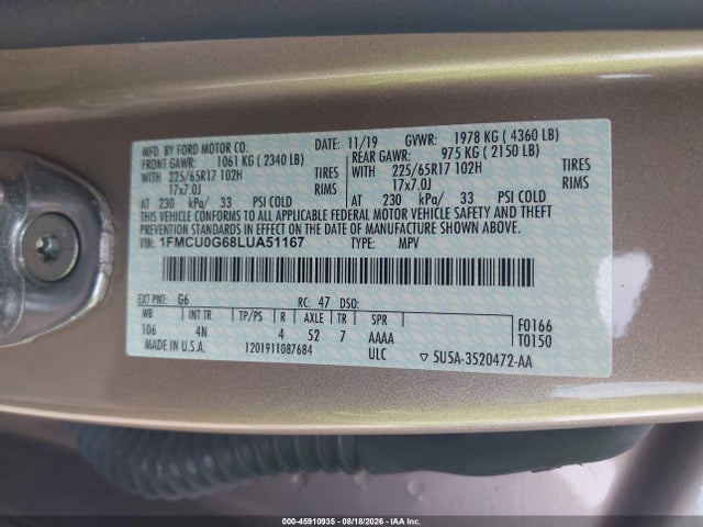 Aukcja sprzedaży 2020 Ford Escape Se, vin: 1FMCU0G68LUA51167, numer aukcji: 45910935