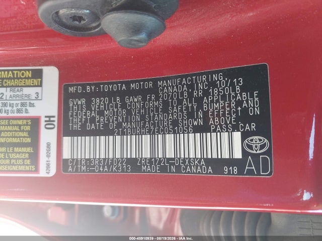 2014 Toyota Corolla S Plus მანქანა იყიდება აუქციონზე, vin: 2T1BURHE7EC051056, აუქციონის ნომერი: 45910939