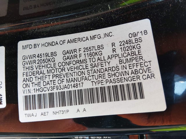 Aukcja sprzedaży 2018 Honda Accord Hybrid Touring, vin: 1HGCV3F93JA014817, numer aukcji: 45910948