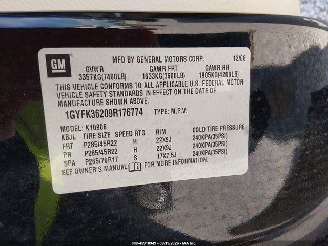 2009 Cadillac Escalade Esv Platinum Edition მანქანა იყიდება აუქციონზე, vin: 1GYFK36209R176774, აუქციონის ნომერი: 45910949