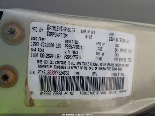 45910951 :رقم المزاد ، 2C4GJ2533YR824666 vin ، 2000 Chrysler Voyager مزاد بيع