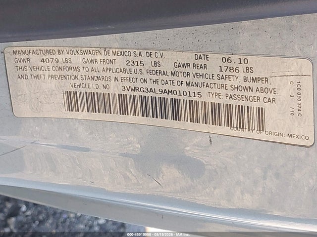 45910958 :رقم المزاد ، 3VWRG3AL9AM010115 vin ، 2010 Volkswagen New Beetle 2.5l مزاد بيع