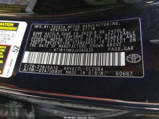 45910961 :رقم المزاد ، 4T1B11HK2JU580620 vin ، 2018 Toyota Camry Se مزاد بيع
