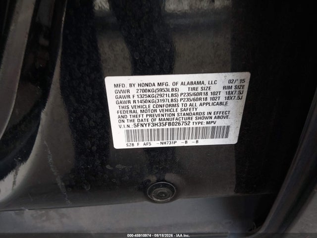 5FNYF3H35FB026752 Honda PILOT SE