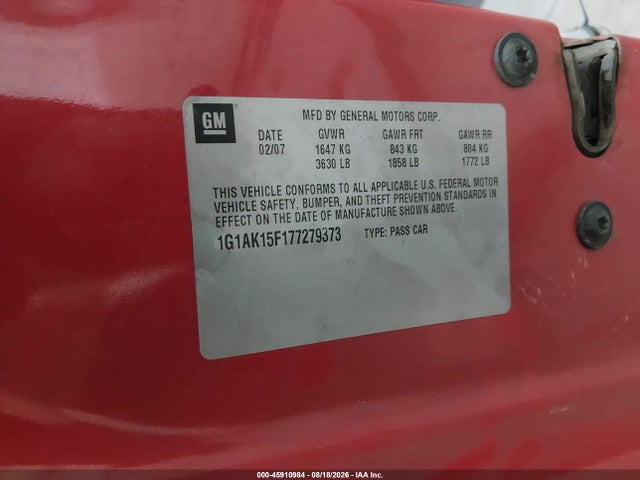 Продаж на аукціоні авто 2007 Chevrolet Cobalt Ls, vin: 1G1AK15F177279373, номер лоту: 45910984