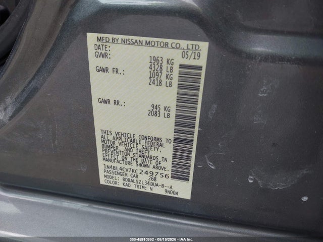 Продажа на аукционе авто 2019 Nissan Altima 2.5 Sr, vin: 1N4BL4CV7KC249756, номер лота: 45910992