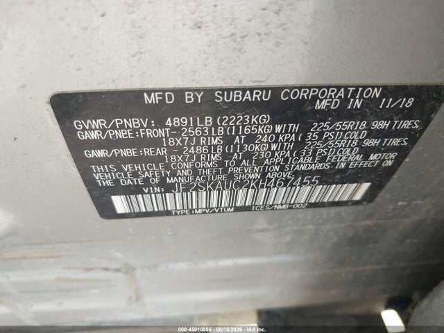Продаж на аукціоні авто 2019 Subaru Forester Limited, vin: JF2SKAUC2KH467455, номер лоту: 45910995