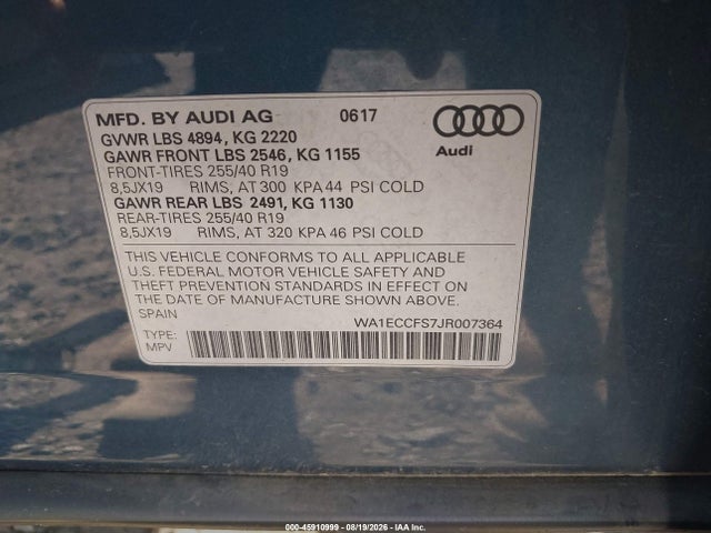 45910999 :رقم المزاد ، WA1ECCFS7JR007364 vin ، 2018 Audi Q3 2.0t Premium/2.0t Sport Premium مزاد بيع