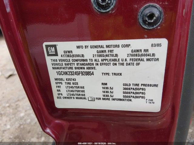 2005 Chevrolet Silverado 2500hd Lt მანქანა იყიდება აუქციონზე, vin: 1GCHK23245F920854, აუქციონის ნომერი: 45911021