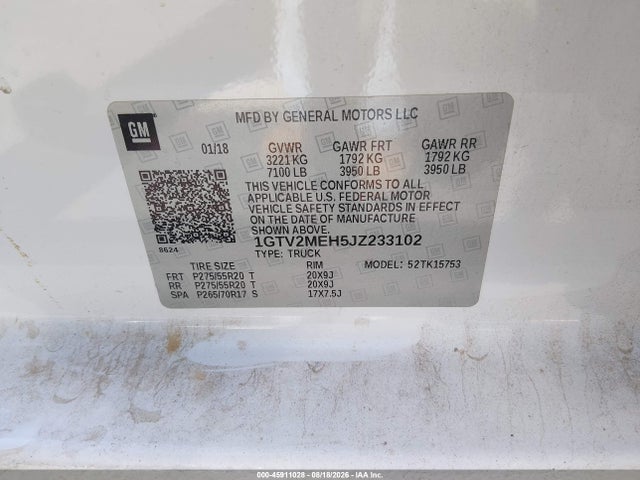 Продаж на аукціоні авто 2018 Gmc Sierra 1500 Sle, vin: 1GTV2MEH5JZ233102, номер лоту: 45911028