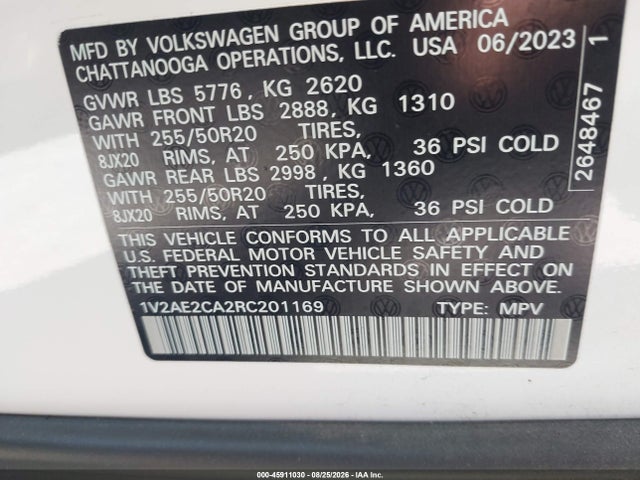45911030 :رقم المزاد ، 1V2AE2CA2RC201169 vin ، 2024 Volkswagen Atlas Cross Sport 2.0t Sel R-line مزاد بيع