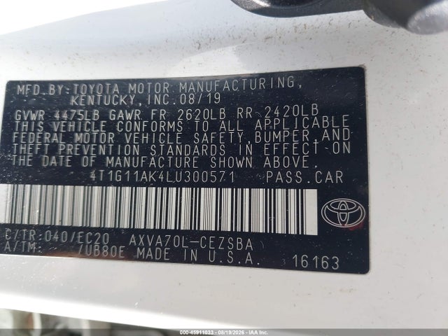Aukcja sprzedaży 2020 Toyota Camry Se Nightshade Edition, vin: 4T1G11AK4LU300571, numer aukcji: 45911033