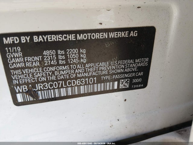 Aukcja sprzedaży 2020 Bmw 530i, vin: WBAJR3C07LCD63101, numer aukcji: 45911040
