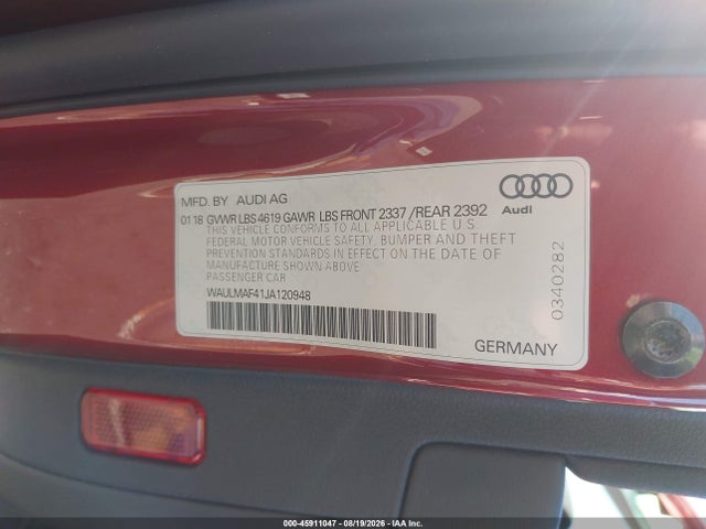 45911047 :رقم المزاد ، WAULMAF41JA120948 vin ، 2018 Audi A4 2.0t Tech Ultra Premium/2.0t Ultra Premium مزاد بيع