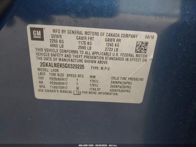 Продаж на аукціоні авто 2016 Gmc Terrain Sle-2, vin: 2GKALNEK5G6329205, номер лоту: 45911059