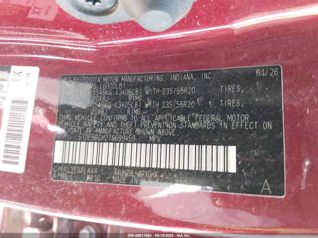 Продаж на аукціоні авто 2026 Toyota Highlander Hybrid Platinum, vin: 5TDEBRCH2TS699459, номер лоту: 45911064