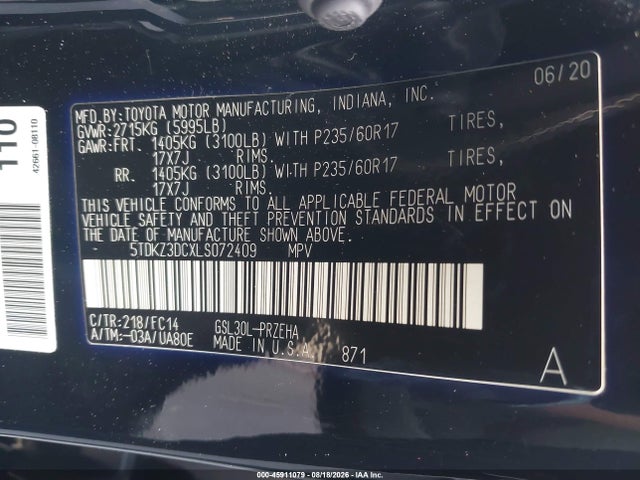 Aukcja sprzedaży 2020 Toyota Sienna Le, vin: 5TDKZ3DCXLS072409, numer aukcji: 45911079