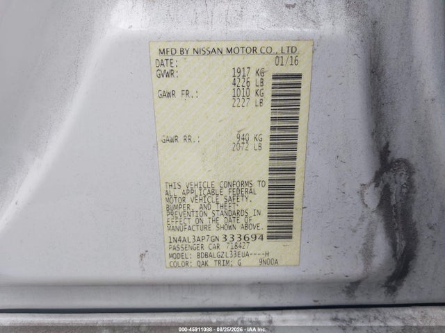 2016 Nissan Altima 2.5 S მანქანა იყიდება აუქციონზე, vin: 1N4AL3AP7GN333694, აუქციონის ნომერი: 45911088