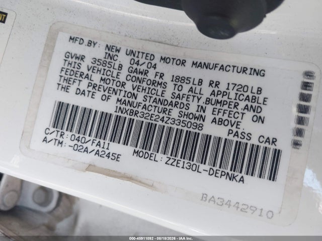 45911092 :رقم المزاد ، 1NXBR32E24Z335098 vin ، 2004 Toyota Corolla Le مزاد بيع