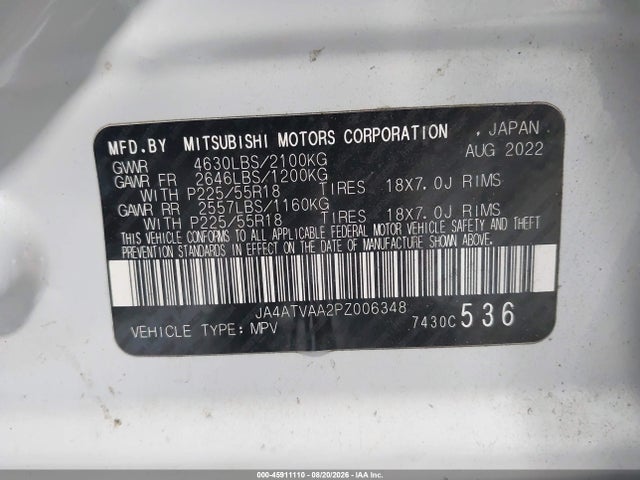 Aukcja sprzedaży 2023 Mitsubishi Eclipse Cross Le S-awc/ralliart S-awc, vin: JA4ATVAA2PZ006348, numer aukcji: 45911110