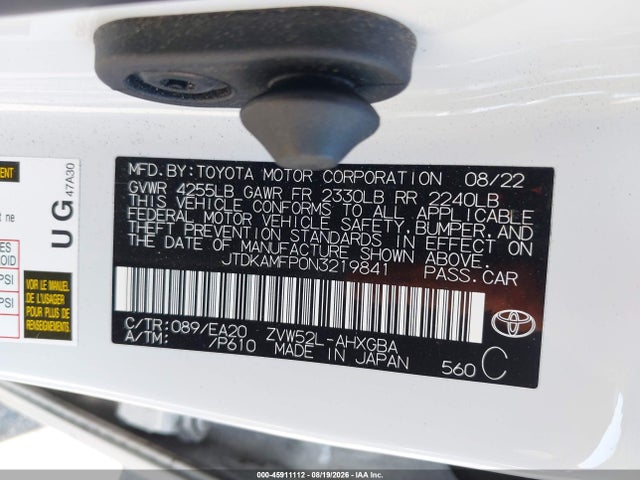 2022 Toyota Prius Prime Xle მანქანა იყიდება აუქციონზე, vin: JTDKAMFP0N3219841, აუქციონის ნომერი: 45911112