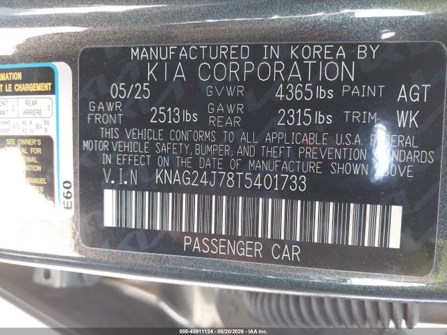 Продажа на аукционе авто 2026 Kia K5 Lxs Fwd, vin: KNAG24J78T5401733, номер лота: 45911124