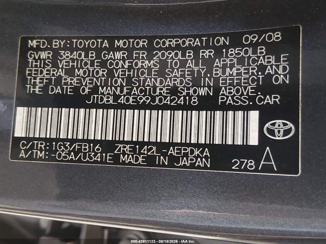 2009 Toyota Corolla Le მანქანა იყიდება აუქციონზე, vin: JTDBL40E99J042418, აუქციონის ნომერი: 45911123